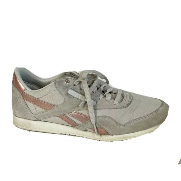 Reebok Shoes - Reebok Womens Classic Nylon Slim Metallic Retro Sneaker Gray Pink 10 Low AQ9832